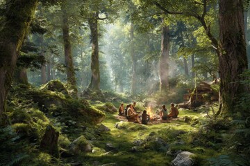 Youth gather around campfire to hear ancient tales in a forest. Young believers. The sacred role of god's word in guiding lives and building community. Word's power. Sacred gathering.