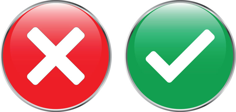 glossy red cross and green checkmark symbols side by side representing approval and denial	