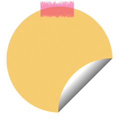 Photo of an orange round sticker with a curled corner is taped to a transparent background, isolated on transparent background