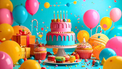 Celebratory birthday scene with cake, balloons, cupcakes, and gifts galore in vibrant colors