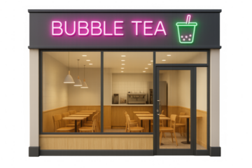 Bubble tea storefront featuring glowing neon signage, seating area, espresso machine against clean transparent backdrop