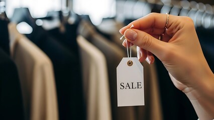 A hand holds a white card with the word “SALE” in bold black letters inside a clothing store, signaling exciting shopping deals and seasonal discounts.