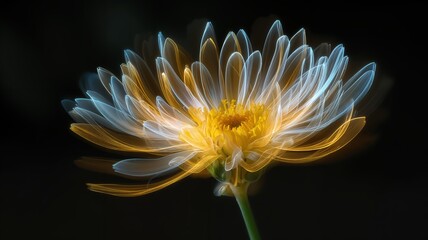 Una flor abstracta con pétalos luminiscentes y un centro dorado, capturada con una técnica de larga exposición que crea un efecto de movimiento y luz.