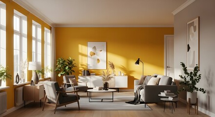 Fototapeta premium Modern Living Room with Mustard Yellow Wall Paint