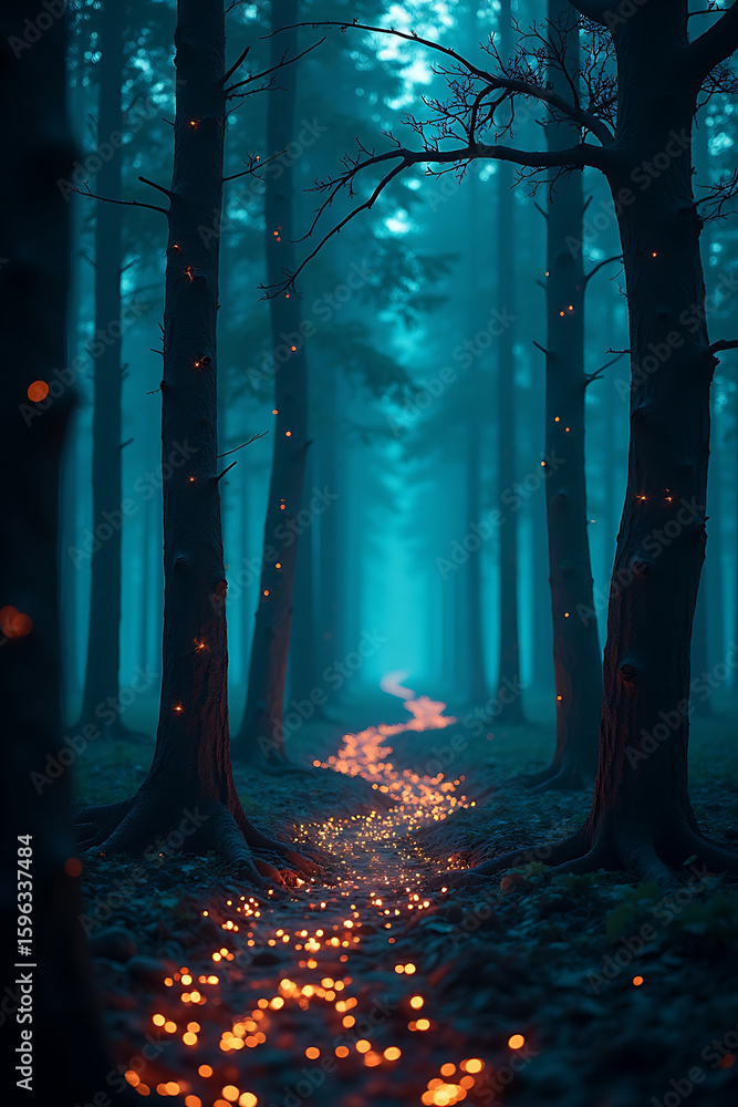 Poster a mystical forest path illuminated by glowing lights, creating a magical and enchanting scene.