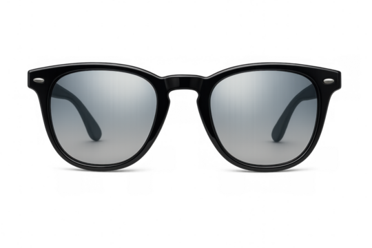 Sleek black sunglasses featuring mirrored lenses, resting against transparent backdrop, highlighting contemporary eyewear design