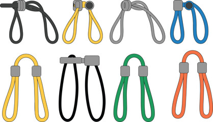Colorful toggle elastic loop cord stoppers with fastener designs, cad drawing vector illustration for fashion accessories, garment trims, sewing parts