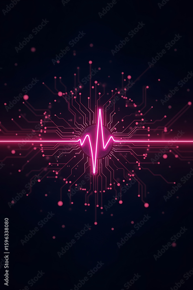 Poster digital heartbeat visualization with glowing pink pulse line and circuit board design.