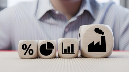 Business growth and financial success represented by industry and data symbols on blocks