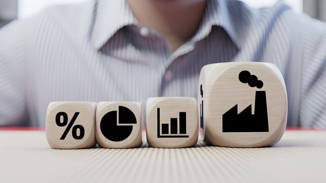 Business growth and financial success represented by industry and data symbols on blocks