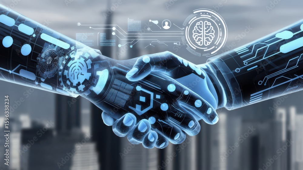 Poster artificial intelligence handshake representing collaboration and future technology