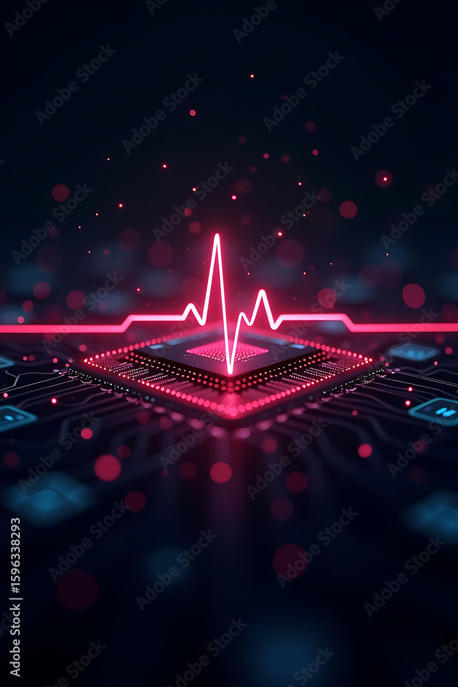 Poster a glowing heartbeat line superimposed over a computer processor, representing digital life.