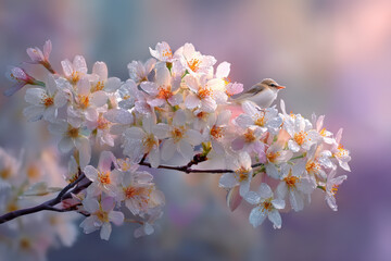 A charming bird rests on a branch filled with beautiful white cherry blossoms in the spring.