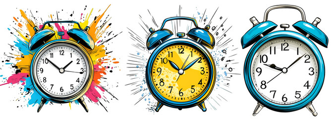 Set of colorful alarm clocks with paint splashes showing different time styles isolated on white background