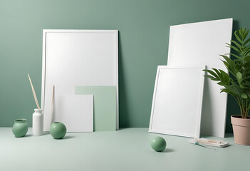 Creative desk setup with frames and green decor