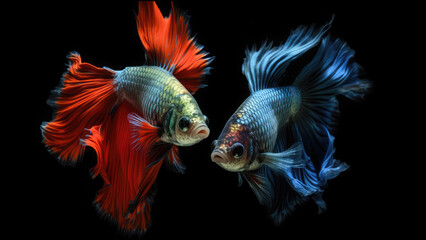 Elegant Red and Blue Halfmoon Siamese Betta Fighting Fish Isolated on Black.