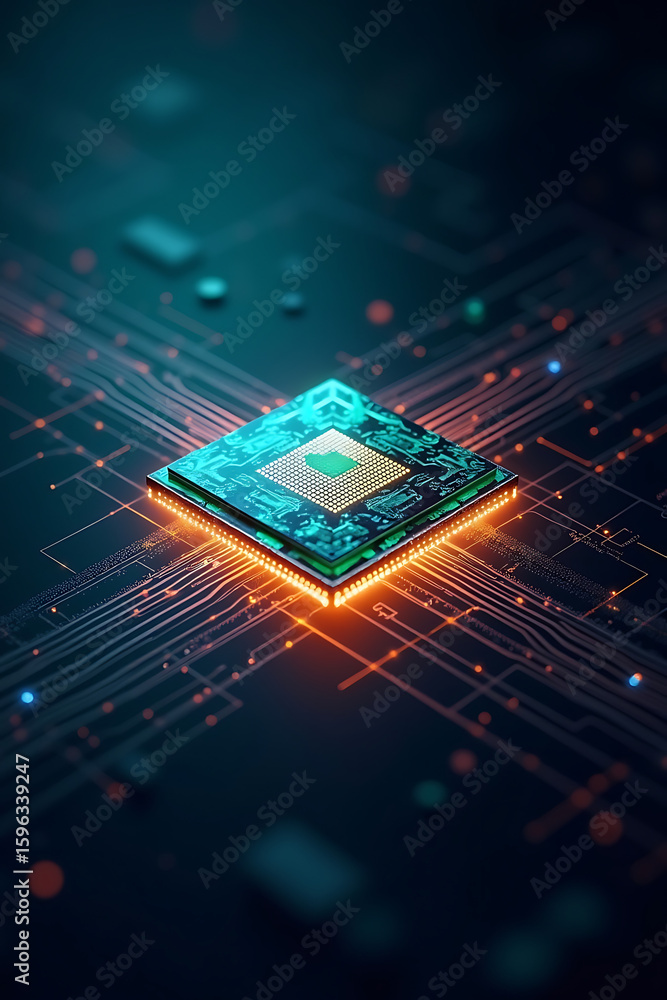 Poster a close-up of a glowing microchip on a circuit board, highlighting technology and connectivity.