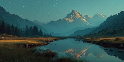 Majestic mountains reflect under starry sky near serene river in tranquil wilderness