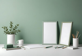Creative desk setup with frames and green decor