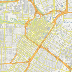 Map of Houston Center in Texas in a normal road map style. Contains layered vector with roads water, parks, etc.