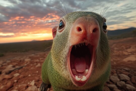 Un jerbo con la boca abierta, sorprendido, frente a un atardecer espectacular en el desierto.