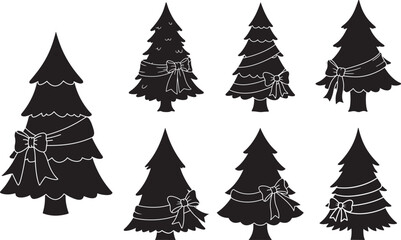 Obraz premium Collection of decorated christmas tree silhouettes with bows and lights