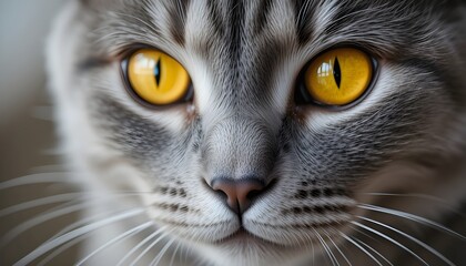 Close-up of a grey cat with bright yellow eyes – isolated on a soft background.