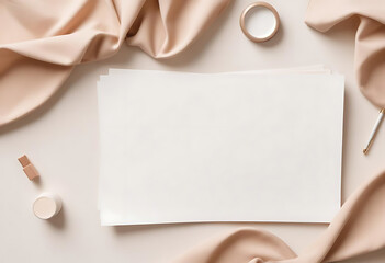 Beige styled flat lay with cosmetics and blank card