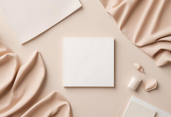 Beige styled flat lay with cosmetics and blank card