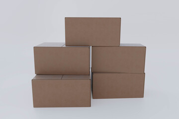 3D rendering of multiple empty cardboard delivery boxes stacked, concept of packaging, logistics, and warehouse preparation