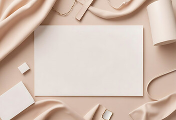 Beige styled flat lay with cosmetics and blank card