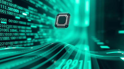 A futuristic depiction of a processor chip floating amidst digital data streams.