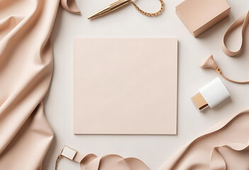 Beige styled flat lay with cosmetics and blank card