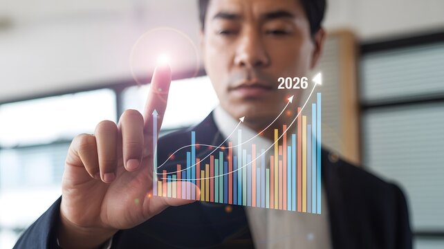Businessman interacting with a futuristic financial data visualization chart