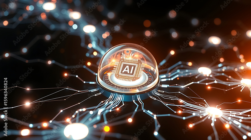 Poster a stylized depiction of an ai chip with interconnected data pathways, glowing.