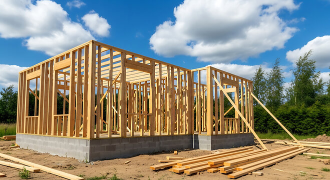 Wooden House Frame Under Construction Exterior view house frame being built with wooden beams and gray concrete foundation house frame construction wood framing new home