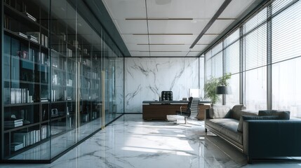 Modern office interior with glass partitions and marble accents.
