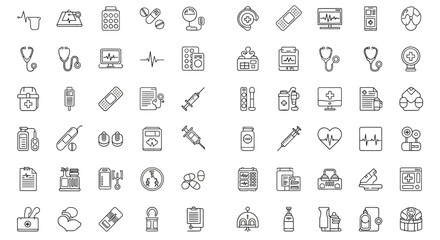 Collection of medical and healthcare line icons.