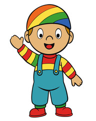 Illustration of a cute boy waving wearing colorful clothes and rainbow hat vector graphic for children coloring page