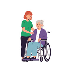 A young woman gently places her hand on the shoulder of an elderly woman sitting in a wheelchair, providing support and care.