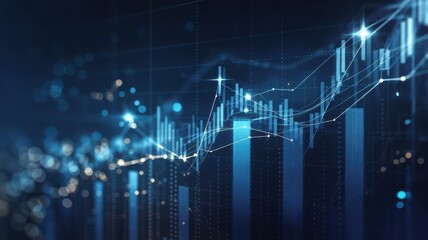 Abstract financial chart with upward trend lines and bokeh lights background