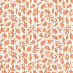 Seamless pattern with a variety of autumn leaf silhouettes in terracotta tones on a soft striped background. Ideal for seasonal fabric, wrapping paper, scrapbooking, stationery, fall-themed decoration
