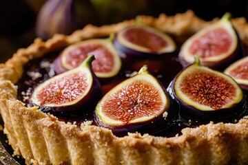 A close-up of fig tart with almond crust, captured in cinematic lighting with lifelike colors, vibrant textures, and natural reflections that enhance the beauty and realism of the dish.