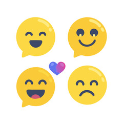social media icons vector round yellow cartoon bubble emoticons comment social media chat comment reactions, icon template face tear, smile
