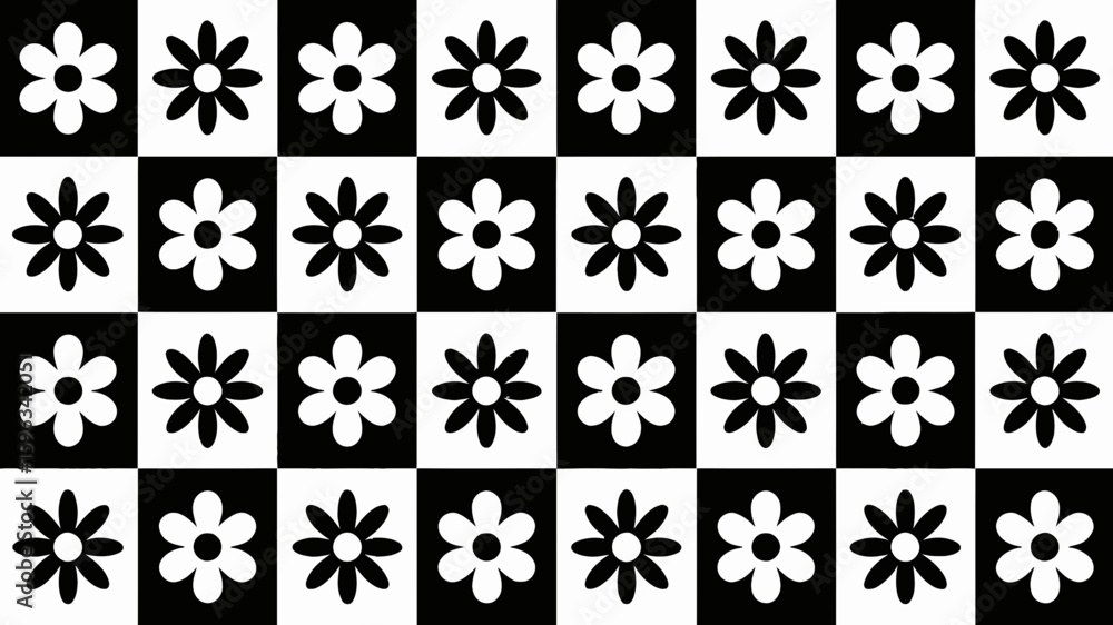 Poster alternating black and white squares with flower shapes in a repeating pattern design art