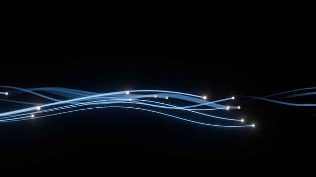 Seamless loop. Glowing Blue Light Waves with Particle Nodes Flowing Across a Dark Background Representing Digital Signals, Data Transfer, and Futuristic Communication. Created using non-AI 3d Software