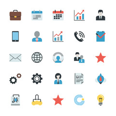 Collection of flat design business icons depicting work, communication, and growth.
