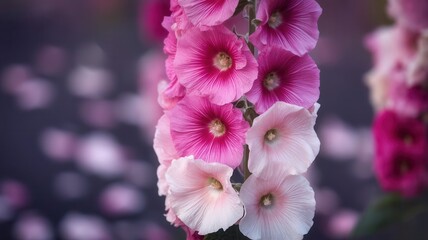 Close-up shot of pink Hollyhock flowers with a blurred floral background