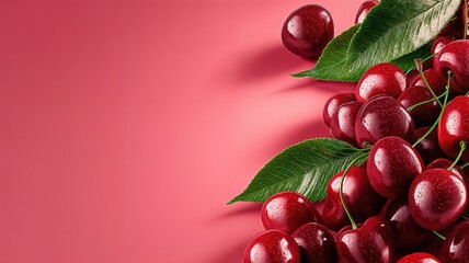Un festín de cerezas maduras sobre un fondo rosa intenso.