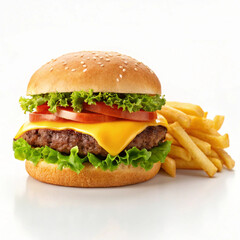 Vector illustration of a cheeseburger with melted cheese and French fries